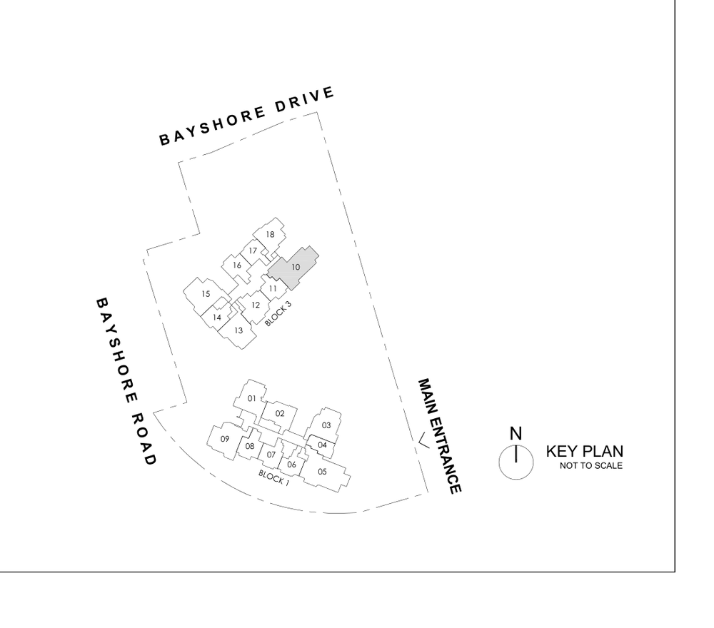 The key plan printed on every Vela Bay floor plan: Block 1 with stacks 01 to 09 and Block 3 with stacks 10 to 18, between Bayshore Road and Bayshore Drive