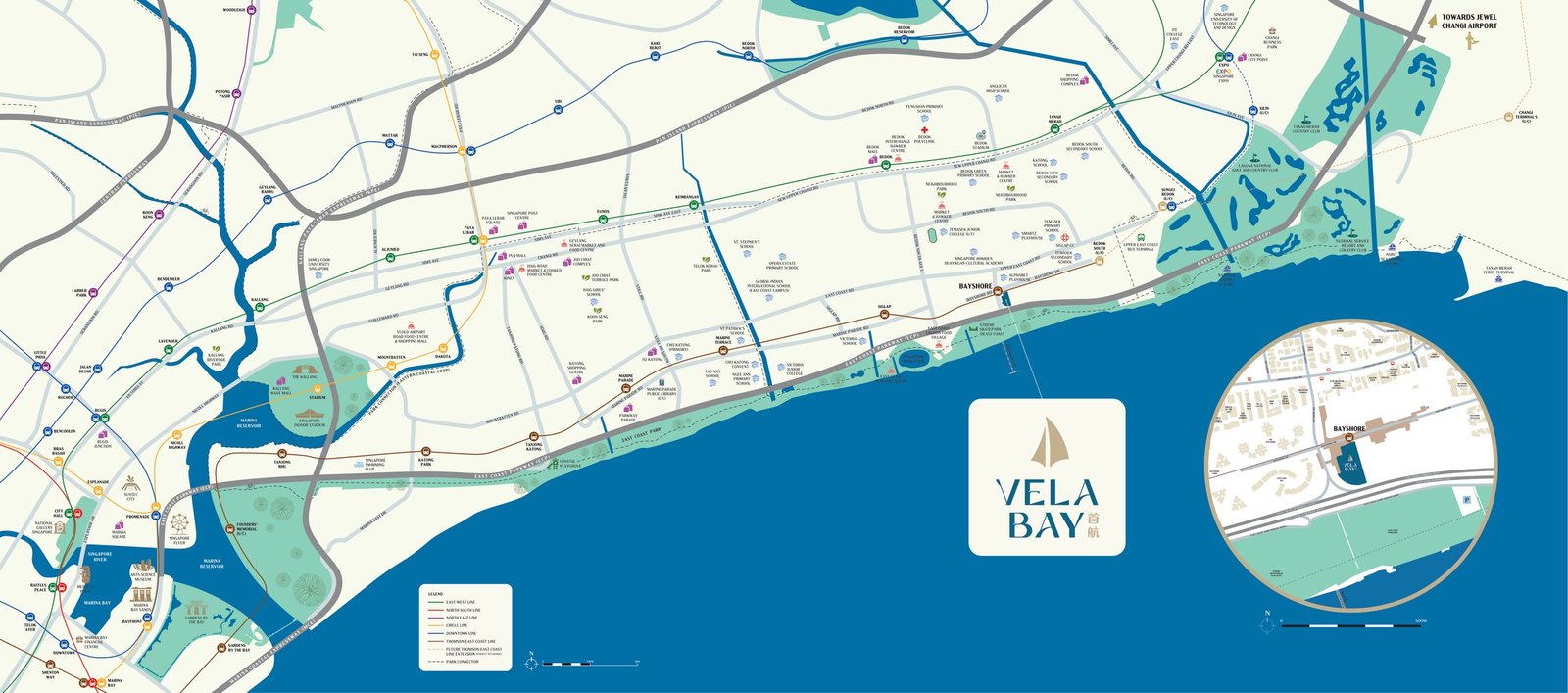 The Vela Bay location map, from Marina Bay east to Changi, with the rail network and a circular close-up of the site