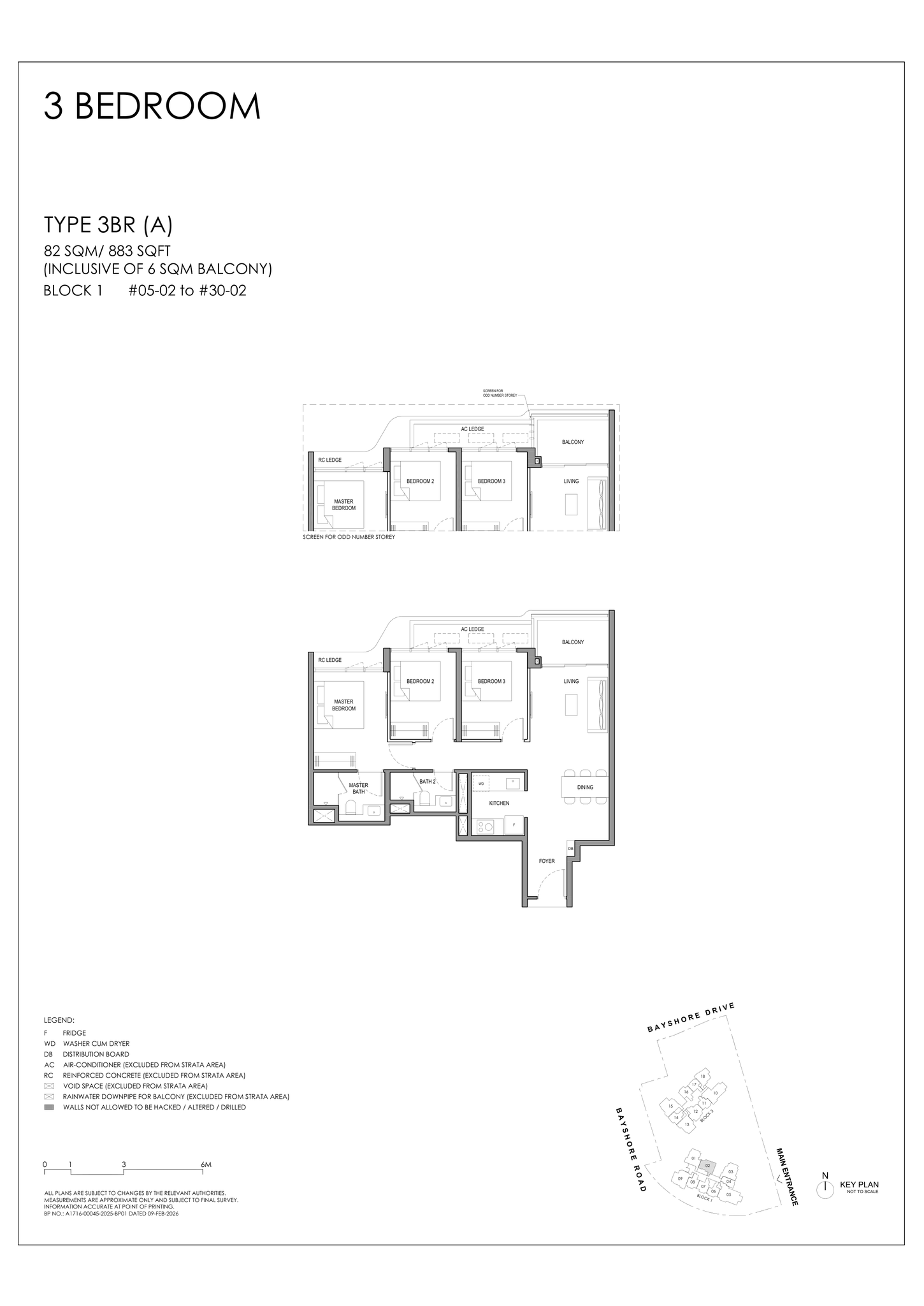 Type 3BR (A) floor plan, 3 Bedroom, 883 sq ft, Vela Bay