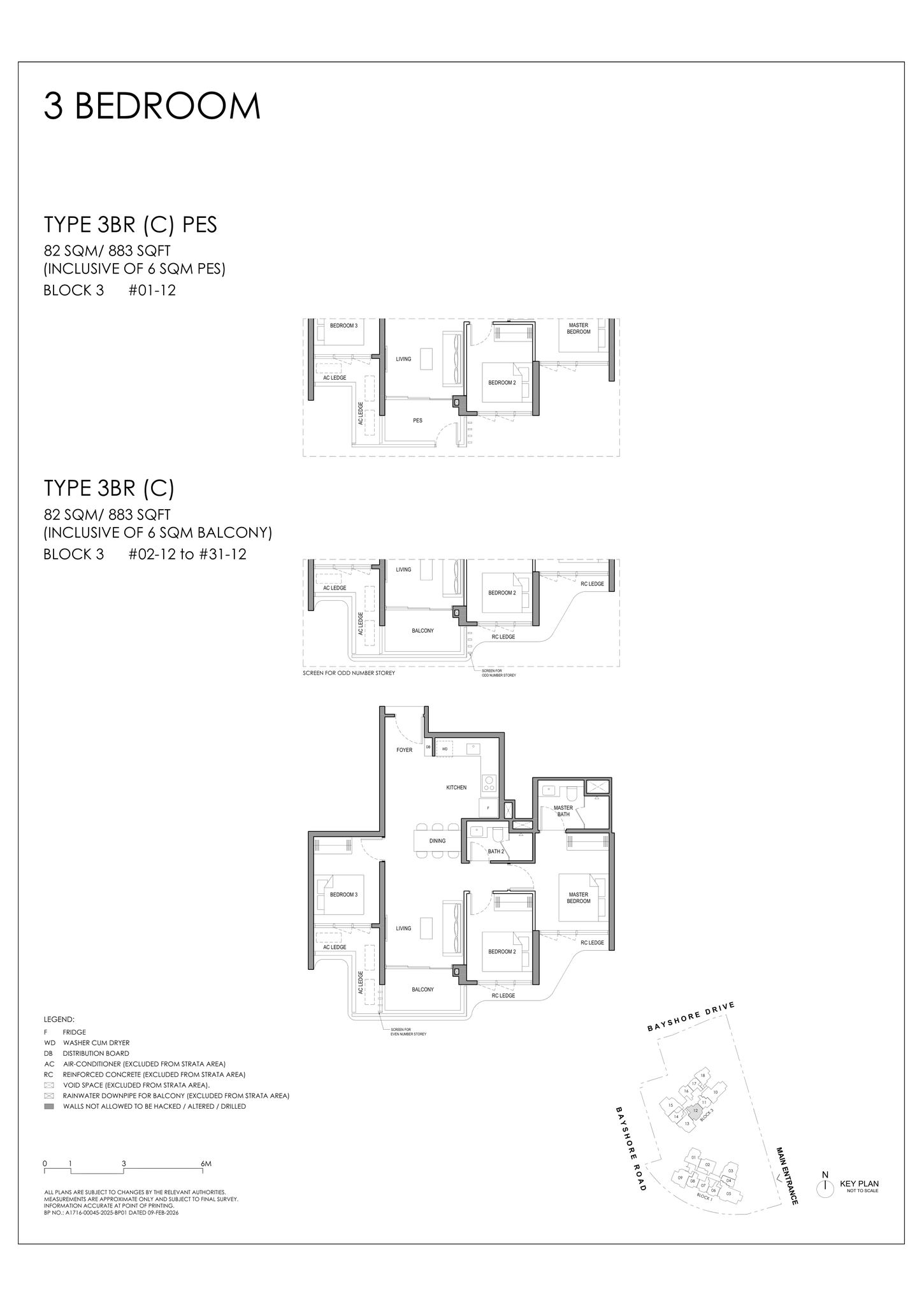 Type 3BR (C) floor plan, 3 Bedroom, 883 sq ft, Vela Bay