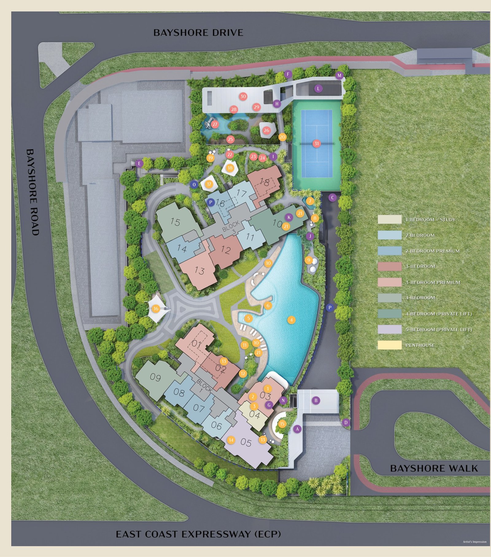 The Vela Bay site plan drawing, Block 1 and Block 3 either side of the Vela Pool, bounded by Bayshore Road, Bayshore Drive, Bayshore Walk and the East Coast Parkway