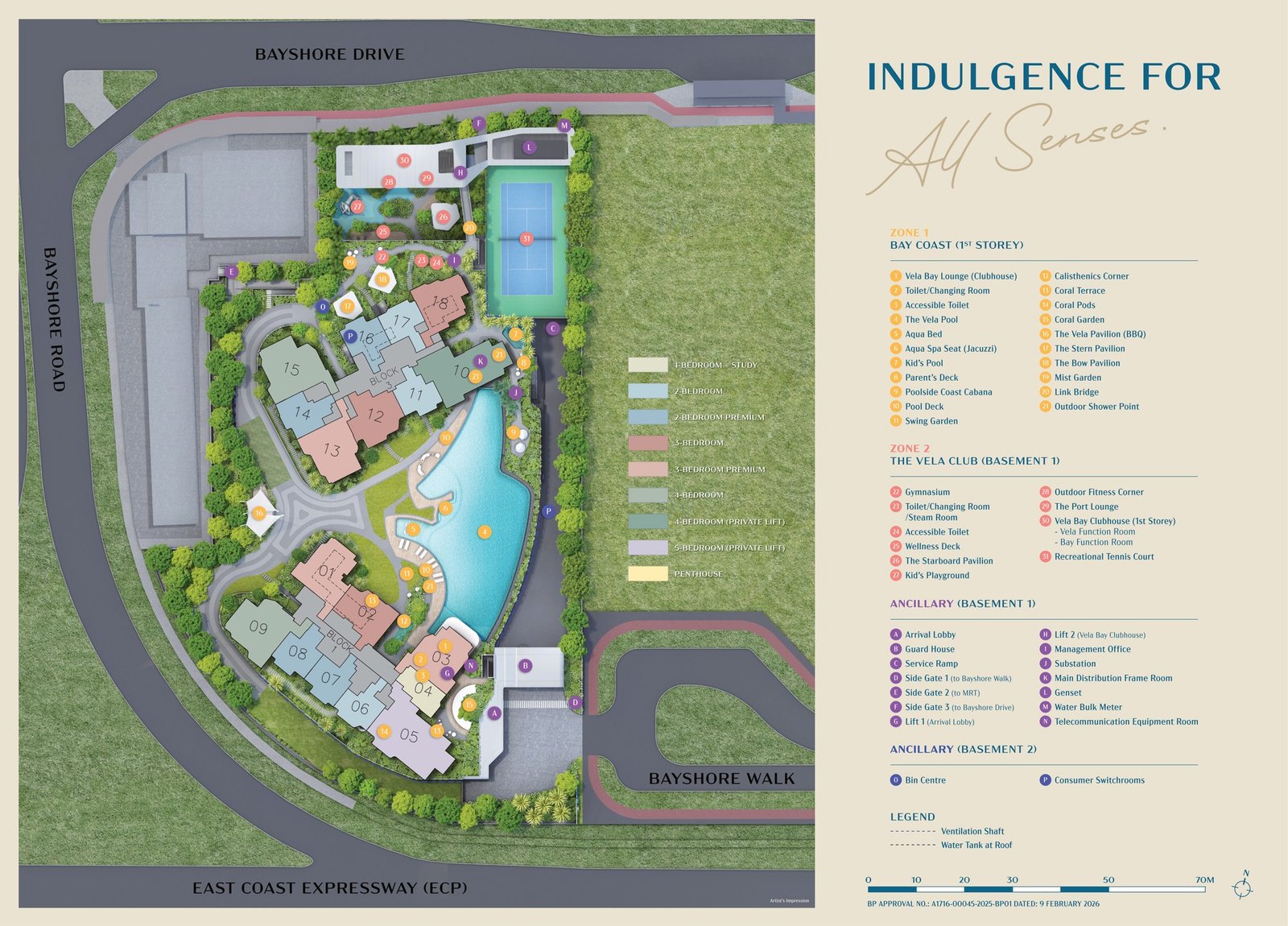 The Vela Bay sales-gallery site plan: two blocks, eighteen stacks, thirty-one numbered facilities and the unit-type colour key